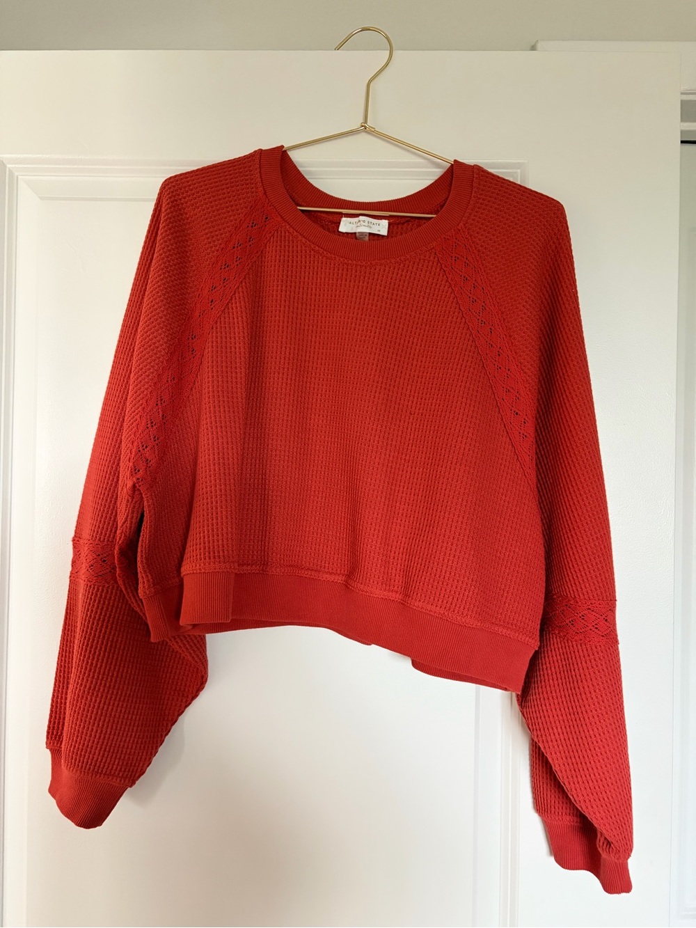 Textured Cropped Waffle Knit Sweatshirt - Reddish/ Orange